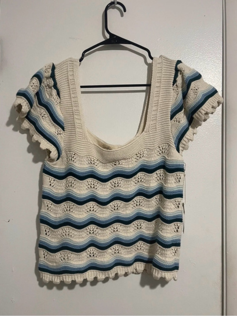 Jessica Simpson Cream Striped Crochet Knit Top with Blue Accents